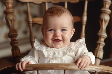 Happy infant with sparkling eyes smiles wide sitting in an antique wooden chair