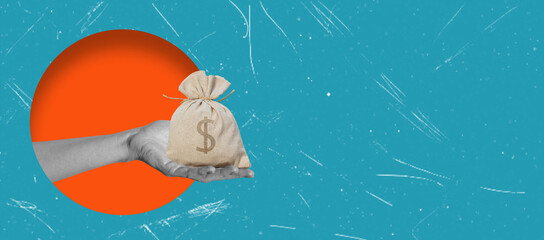 Creative artistic collage: a hand holding a bag of money. The concept of protecting profit and...