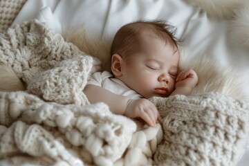 Tranquil and serene newborn baby sleeping peacefully wrapped in a cozy knitted white blanket. Exuding innocence. Purity. And comfort