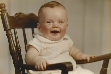 Joyful infant with a big smile sitting in an old-fashioned wooden chair, portrait with warm tones