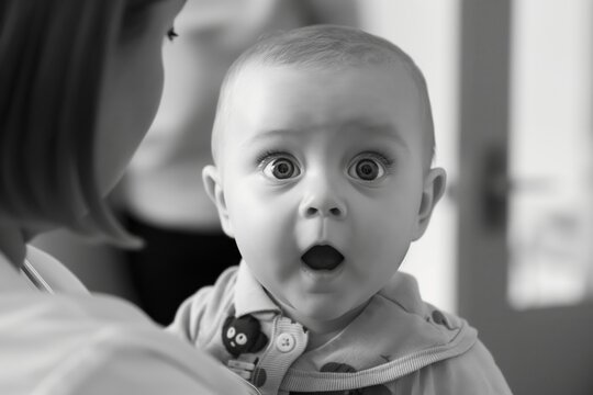 Black and white image of a baby showing a surprised face with a blurred mother figure
