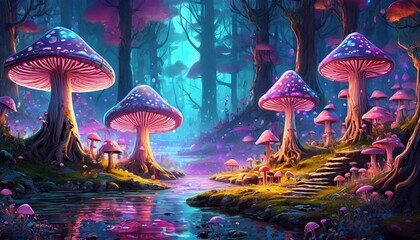 illustration of a magical mushroom forest. neon style. amanita muscaria