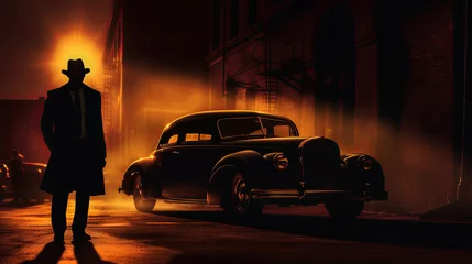 Fotobehang Noir Scene with Mysterious Man and Vintage Car © SalineeChot