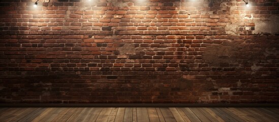 An empty room with a brown brick wall and hardwood flooring. The wood stain enhances the natural beauty of the wood, creating a warm and inviting space - obrazy, fototapety, plakaty
