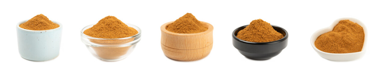 Cinnamon powder in a bowl isolated on white background. Spicy spice for baking, desserts and...
