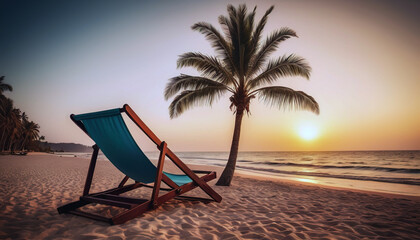 two sun loungers by the sea at sunset, a place to relax, a vacation awaits you, a wonderful place to relax, palm trees by the sea, go on vacation, vacation - obrazy, fototapety, plakaty