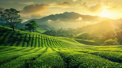 Distant high mountains The tea fields lined up under the sunshine give a warm feeling. - obrazy, fototapety, plakaty