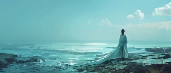 Woman in a long flowing bathrobe, standing on windswept sea rocks overlooking a vast, calm ocean.