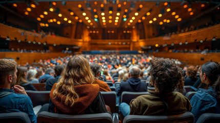 Obraz premium People seated in an auditorium rear view. Movie theatre, concert hall. 
