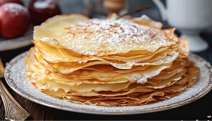 Stack of French Crepes with Powdered Sugar - obrazy, fototapety, plakaty