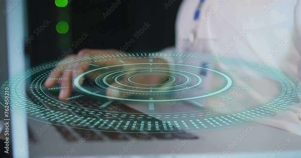 Poster animation of digital data processing over african american it female engineer by computer servers