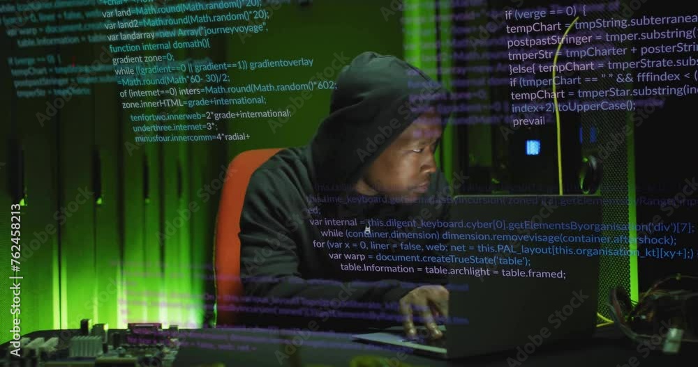 Poster animation of digital data processing over african american man using laptop by computer servers