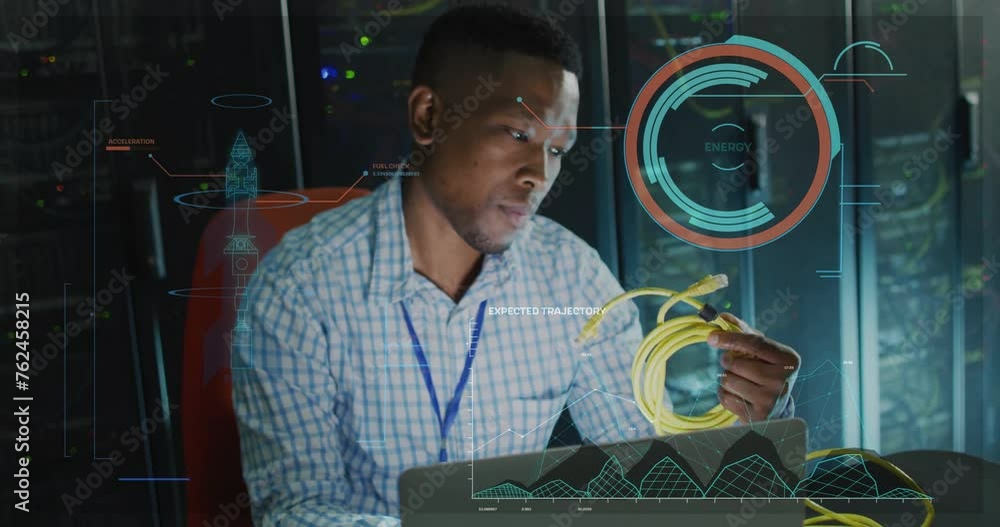 Poster animation of digital data processing over afrcian american it male engineer by computer servers