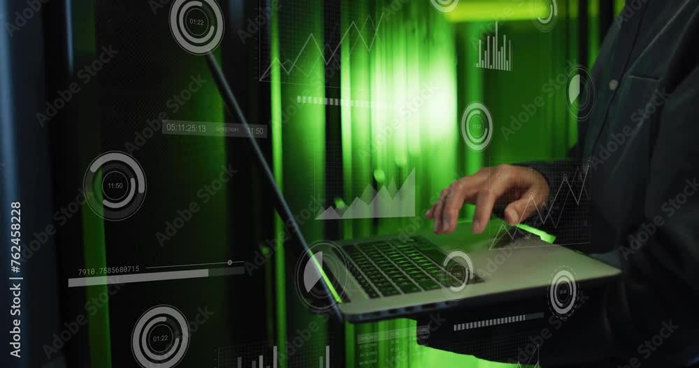 Poster animation of digital data processing over asian man with laptop by computer servers