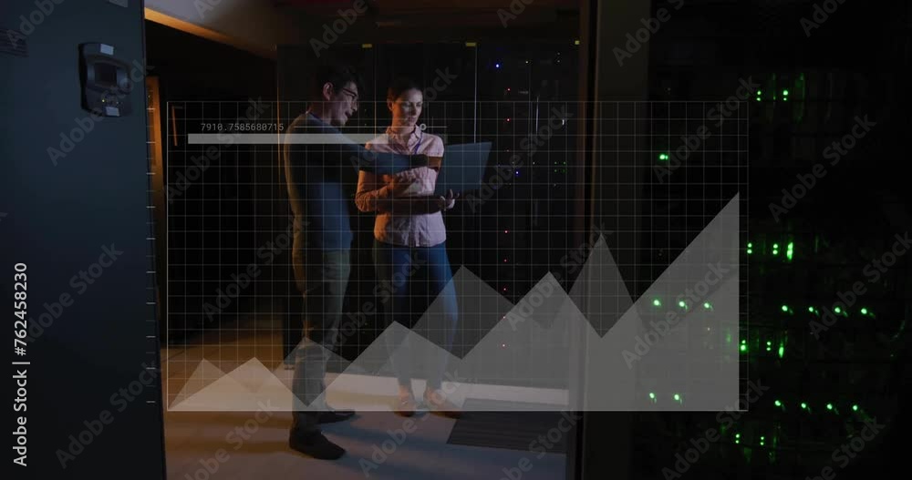 Poster animation of digital data processing over diverse people with laptop by computer servers
