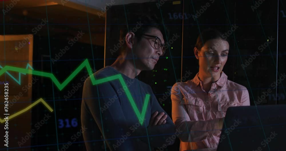 Poster animation of digital data processing over diverse people with laptop by computer servers