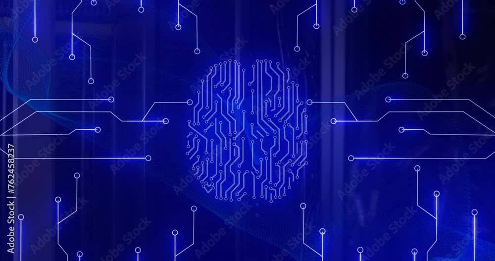 Poster animation of digital data processing over computer circuit board and ai brain