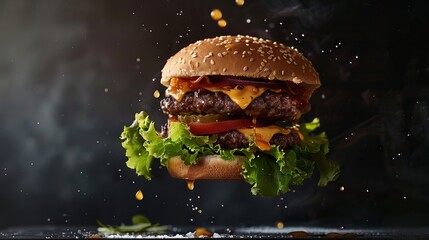 Juicy Double Cheeseburger with Droplets in Mid-Air - Culinary Delight for Foodie Advertisements