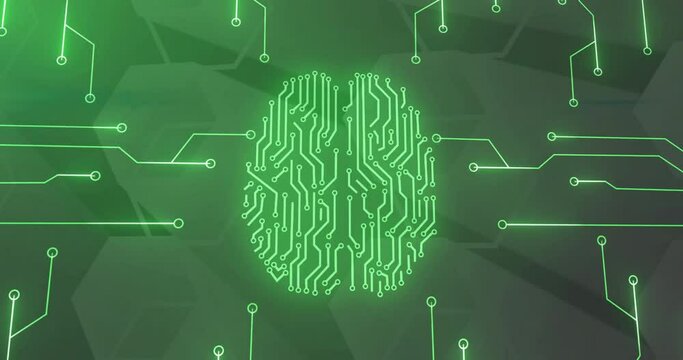 Animation of digital data processing over computer circuit board and ai brain