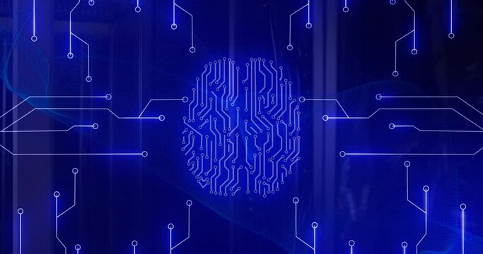 Animation of digital data processing over computer circuit board and ai brain