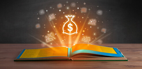 Open book with currency icons above - 762458431