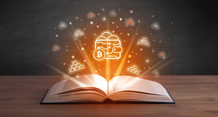 Open book with currency icons above - 762458868