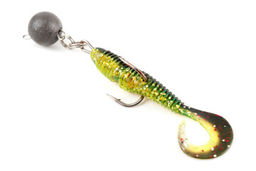 Soft fishing bait, moss green plastic grub, with double hook and lead sinker, isolated on white