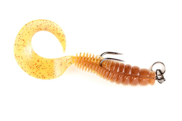 Yellow silicone grub, fishing lure with double hook, isolated on white