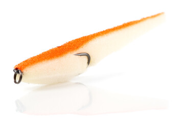 Homemade artificial fishing lure made of foam rubber, isolated on white - obrazy, fototapety, plakaty