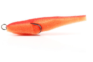 Homemade artificial fishing lure made of polyurethane foam, isolated on white - obrazy, fototapety, plakaty