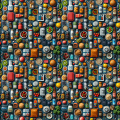Seamless travel-themed pattern with backpacks, globes, passports, on a textured background.