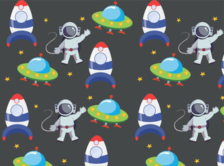 Vector pattern of Spaceships in space and an astronaut. Space Exploration Day.