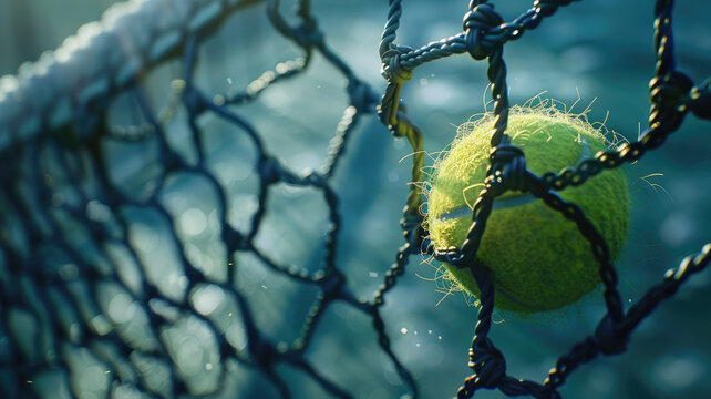 Bright greenish yellow tennis ball hitting the net.