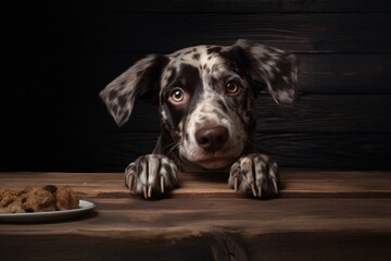 a dog looking at a plate of food - obrazy, fototapety, plakaty