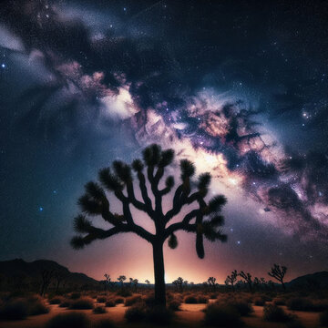 The famous Joshua Tree stand in the night sky with Milky Way above
