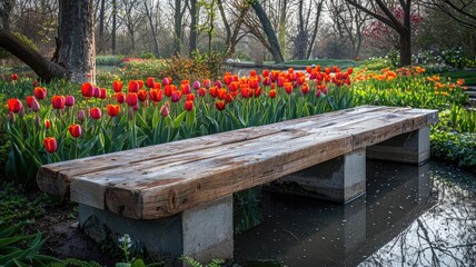 a minimalist and elegant bench design, blending recycled wood and concrete with simple, clean lines, seamlessly integrated into a serene Dutch garden adorned with tulips and a reflective pond.