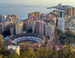 An aerial view of Malaga and bull fighting arena