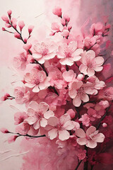cherry blossom flowers on pink background, watercolor painting style