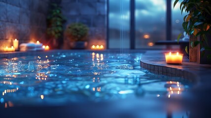 Tranquil spa setting with illuminated candles around a jacuzzi and starry night backdrop