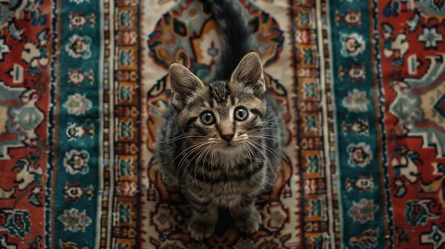 cute cat sitting on prayer mat top view