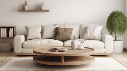 Contemporary Living Room with Beige Sofa and Stylish Wooden Round Coffee Table