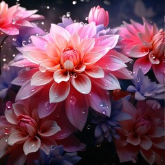 Pink flowers with drops of water, dew, rain on a dark background. Flowering flowers, a symbol of spring, new life.
