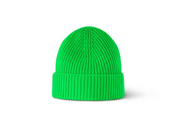 Green knitted beret isolated on white background