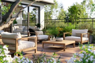 Fototapeta na wymiar outdoor layout with furniture on the outdoor deck 3d render