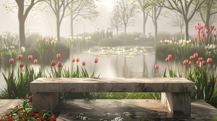 Fototapeta premium a minimalist and elegant bench design, blending recycled wood and concrete with simple, clean lines, seamlessly integrated into a serene Dutch garden adorned with tulips and a reflective pond.