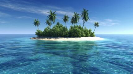 Tranquil tropical island with palm trees surrounded by a clear blue ocean, serene paradise.