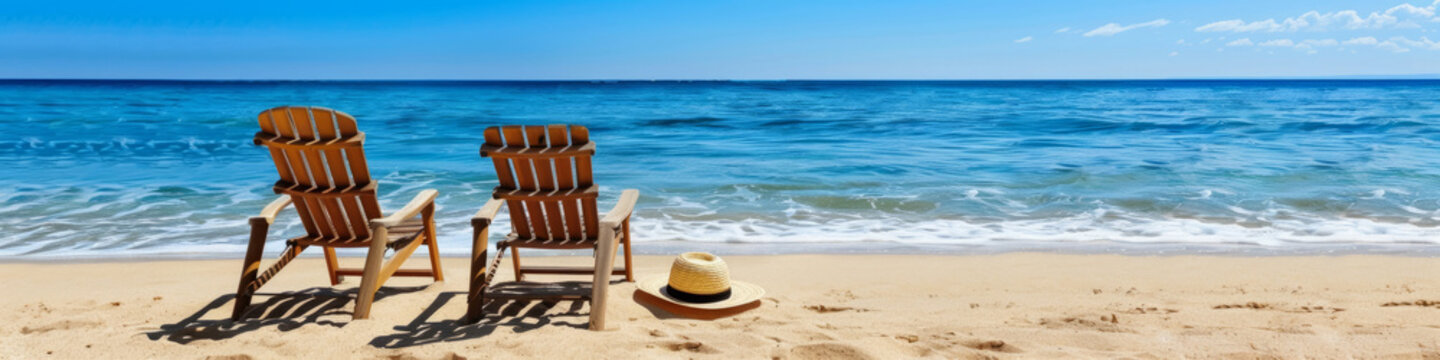 Serene Beach Escape with Two Chairs Overlooking the Ocean. Vacation banner. Tourism and travel concept