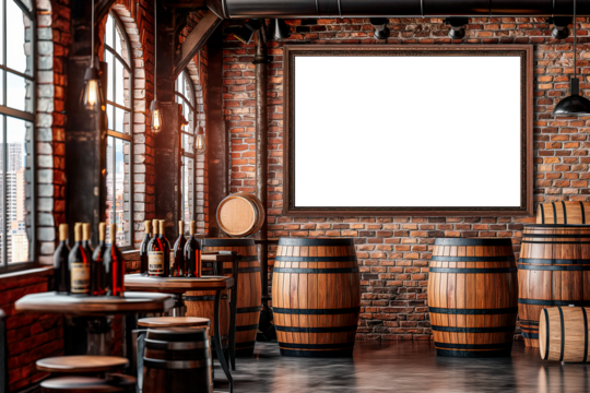 Horizontal frame mockup in wine restaurant with brick wall