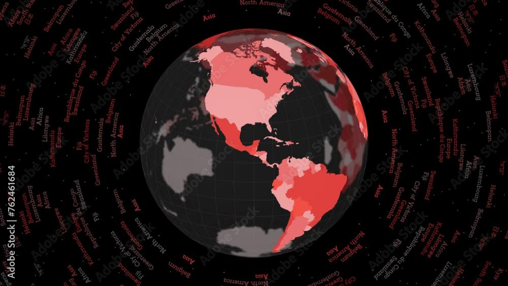Poster rotating globe. dark translucent globe with round geographical names text. astonishing spinning plan