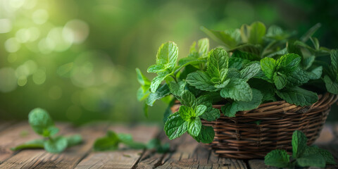Mint. Bunch of fresh green organic mint leaves on a wooden table closeup. Selective focus. - obrazy, fototapety, plakaty